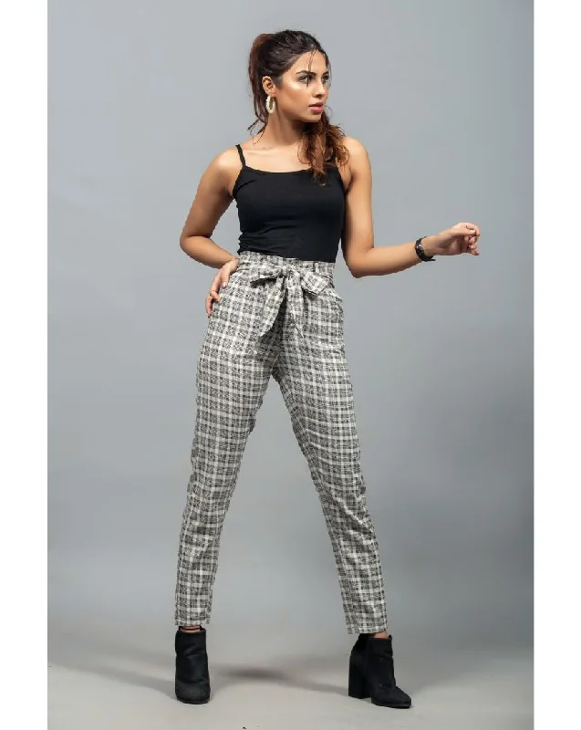 Plaid Belted Straight Pants Soft Stretch Trousers