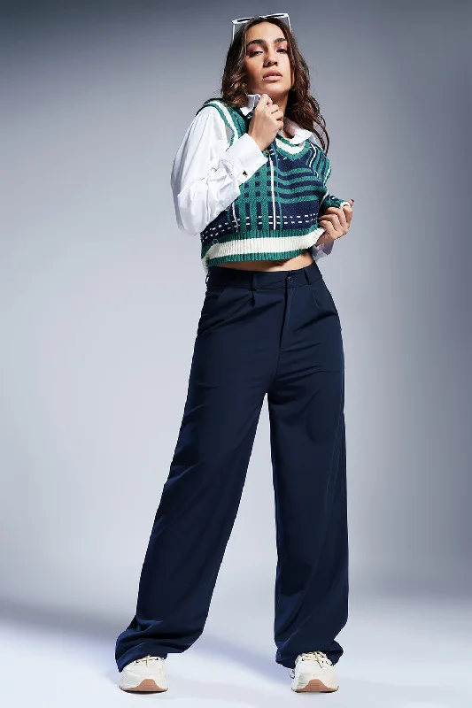 Rich Navy Straight Fit Korean Pants Wide-Legged Palazzos