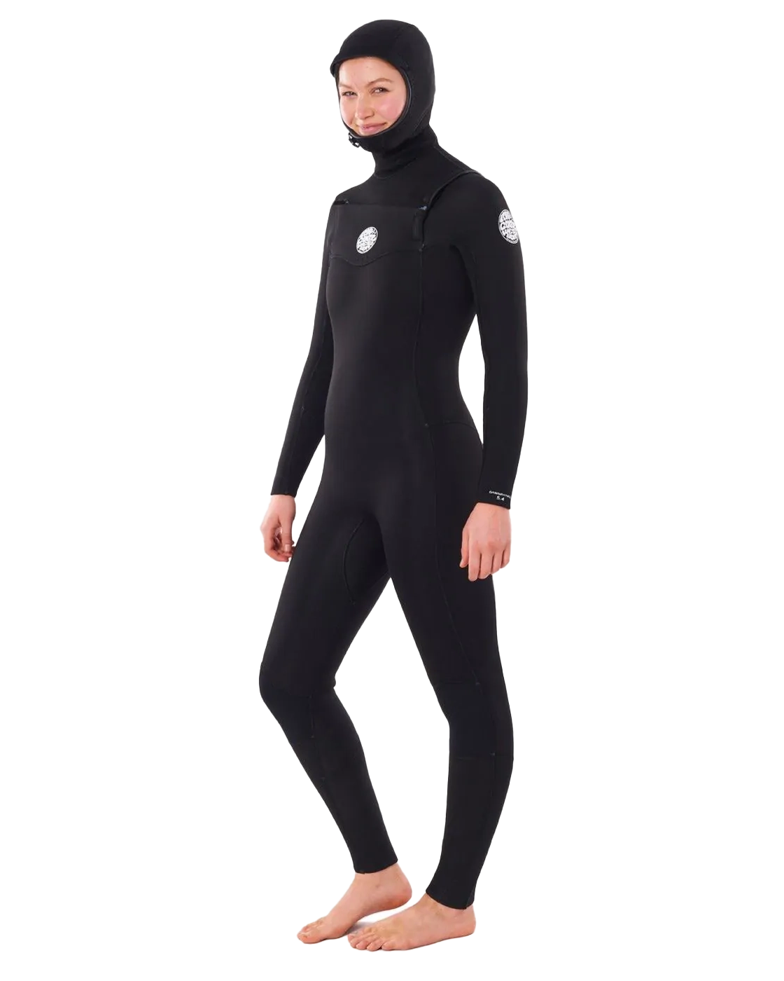 Womens Dawn Patrol 5/4mm Hooded Chest Zip Wetsuit in Black Hoodie with Earth Tones Natural Calm