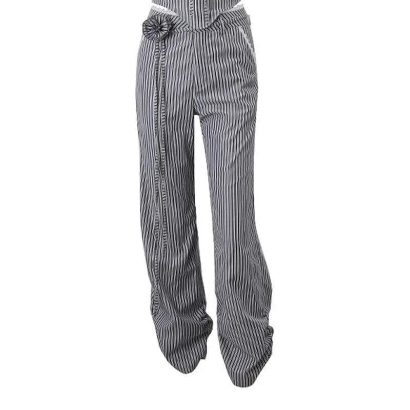 Ruched striped zip-up lace hem medium rise pant Comfortable Jogging Pants