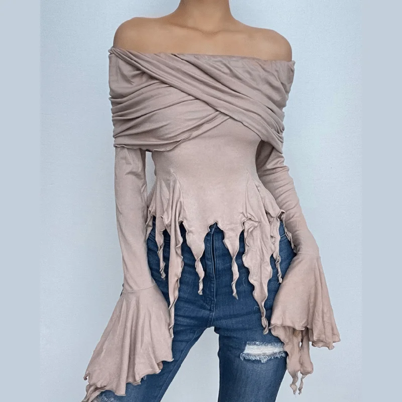 Ruffle long flared sleeve ruched off shoulder solid hoodie 2-way top Hoodie with Button Placket Classic Preppy