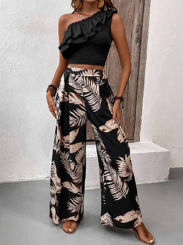 Ruffled Sleeveless Top and Printed Pants Set Comfy High-Waist Jeans