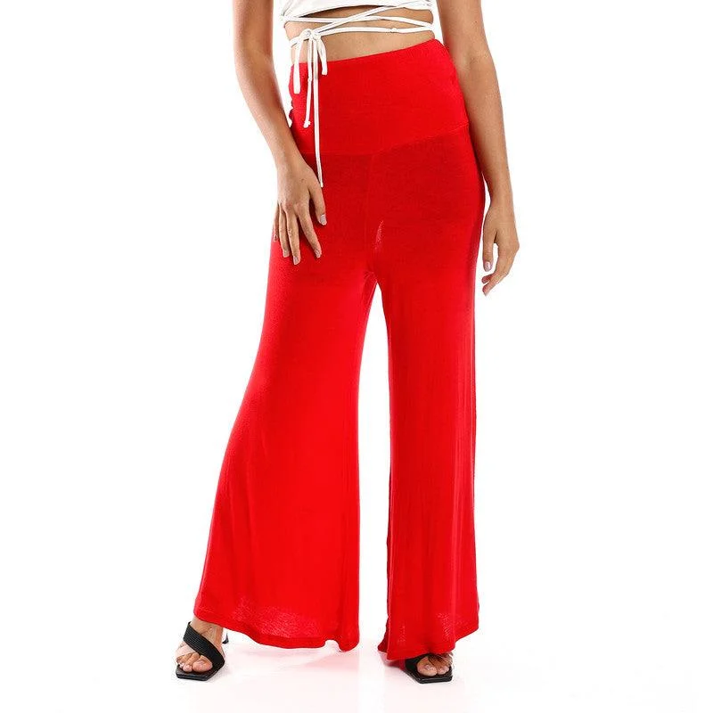 Solid Pattern Flare Fit Pants Comfortable Pleated Pants