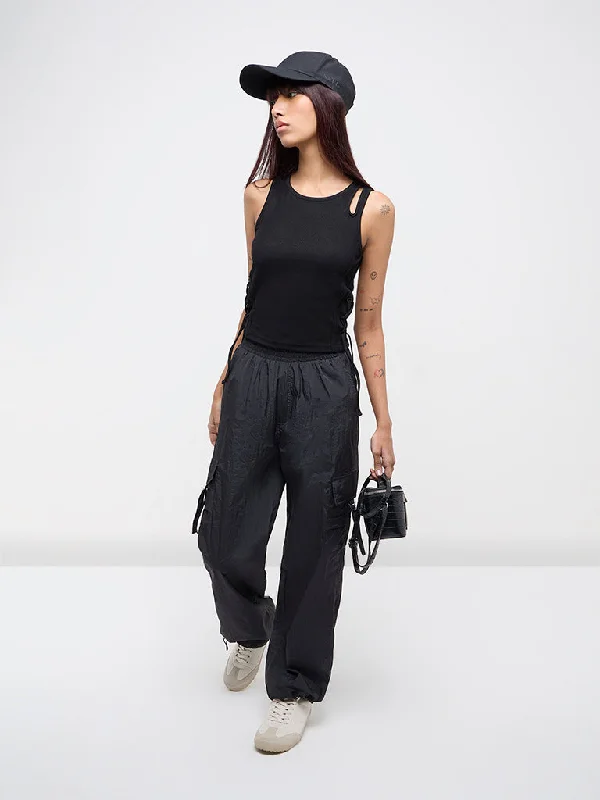 Studiofit Black High-Rise Cargo Track Pants Trendy Velvet Pants