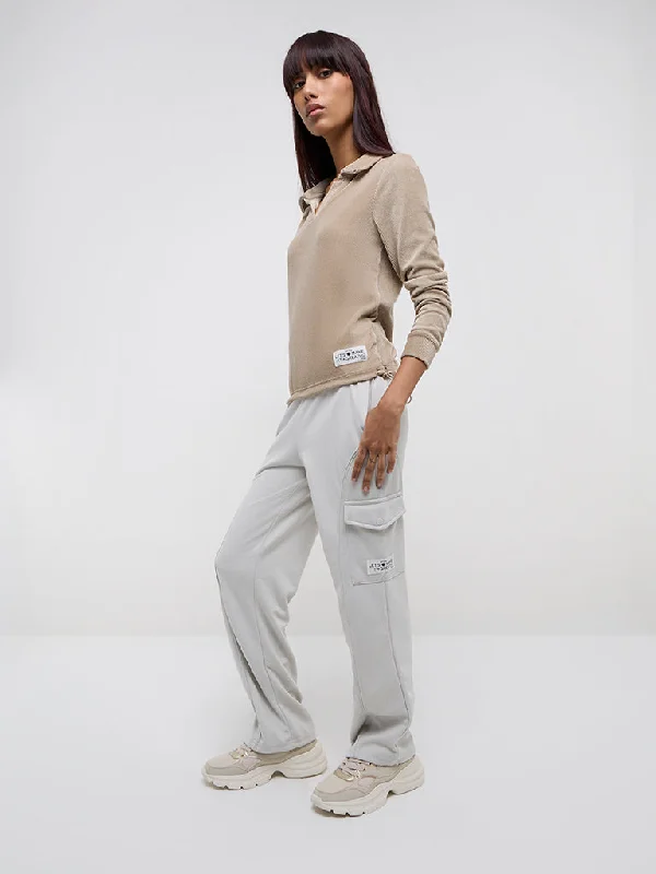 Studiofit Light Grey High-Rise Cotton Blend Track Pants Relaxed Casual Leggings