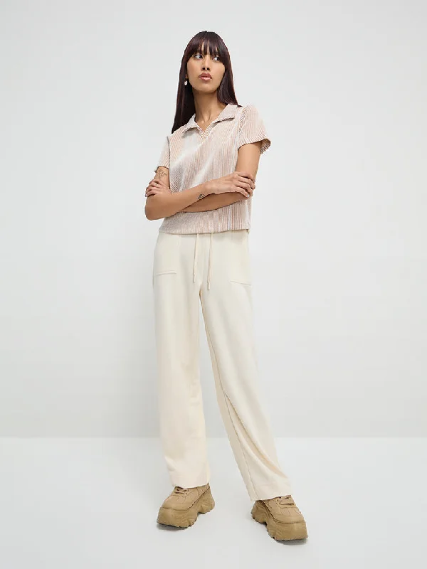 Studiofit Off-White Solid High-Rise Track Pants Relaxed Linen Pants