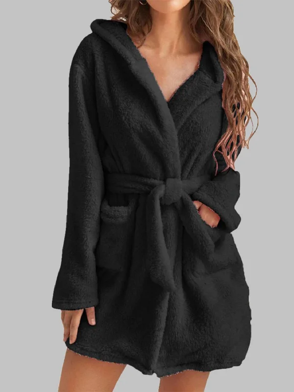 Tie Waist Hooded Robe Hoodie with Contrast Stitching Detailed Premium