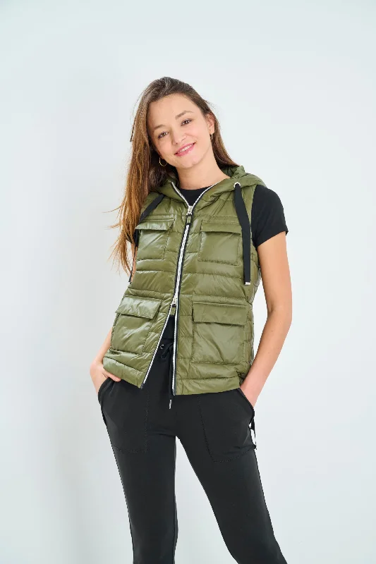 Utility Hooded Down Vest Hoodie with Hem Lace Feminine Delicate