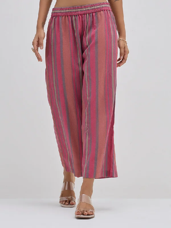 Utsa Dusty Pink Striped High-Rise Cotton Ethnic Pants Elegant Wool Trousers