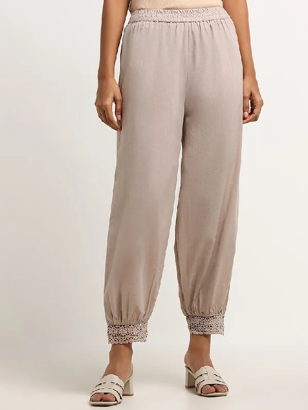 Utsa Grey Crochet-Trimmed Pants Classic Straight Pants