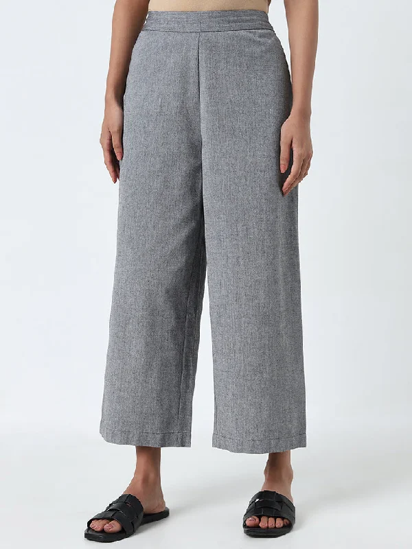 Utsa Grey High-Rise Straight Cotton Pants Trendy Velvet Pants