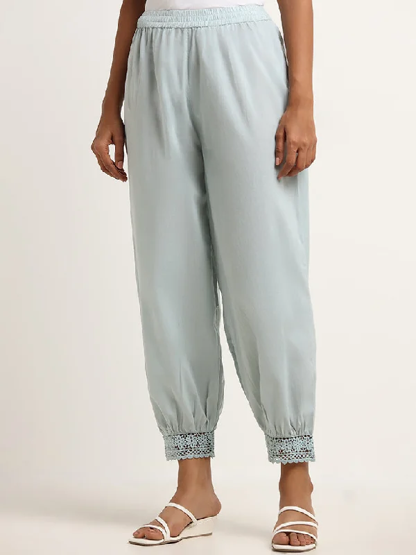 Utsa Light Blue Crochet-Trimmed Pants Elegant Trouser Pants