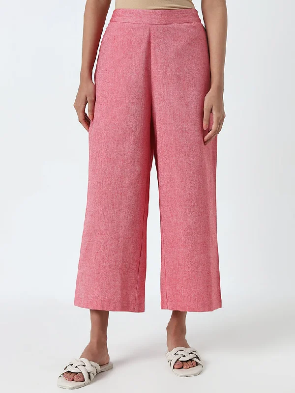 Utsa Light Pink High-Rise Straight Cotton Pants Warm Wool Trousers