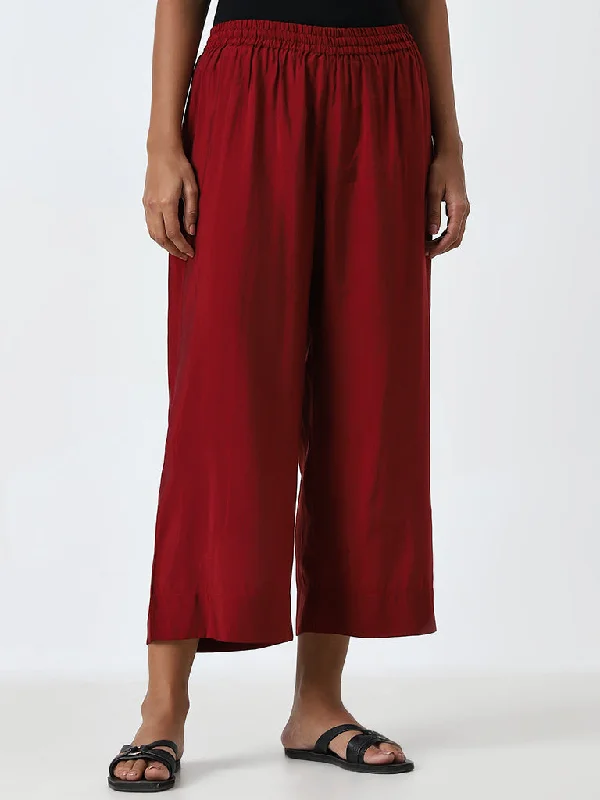 Utsa Maroon Solid High-Rise Ethnic Pants Trendy Wide-Leg Pants