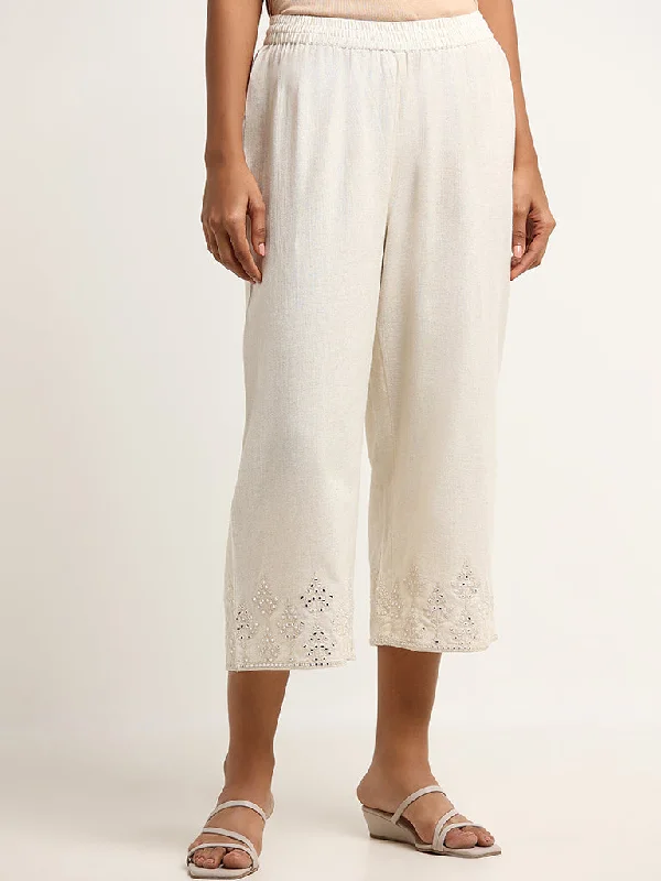 Utsa Off-White Mid-Rise Mirror Embroidered Blended Linen Pants Chic Wool Trousers