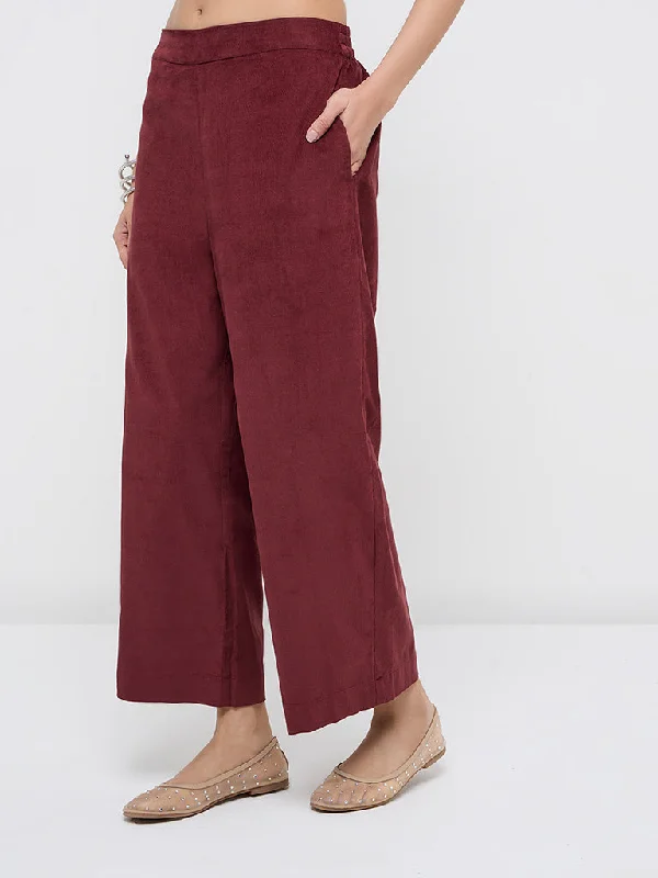 Utsa Rust Solid Corduroy High-Rise Cotton Ethnic Pants Fashionable Sporty Pants