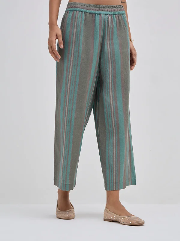 Utsa Teal Striped High-Rise Cotton Ethnic Pants High-Waist Yoga Pants