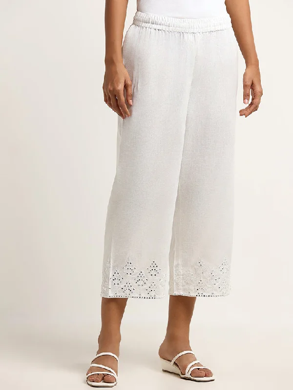 Utsa White Mid-Rise Mirror Embroidered Blended Linen Pants Formal Stretch Pants