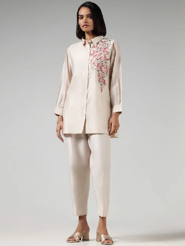 Vark Beige Floral Embroidered Kurti and Pants Set Trendy High-Waist Trousers