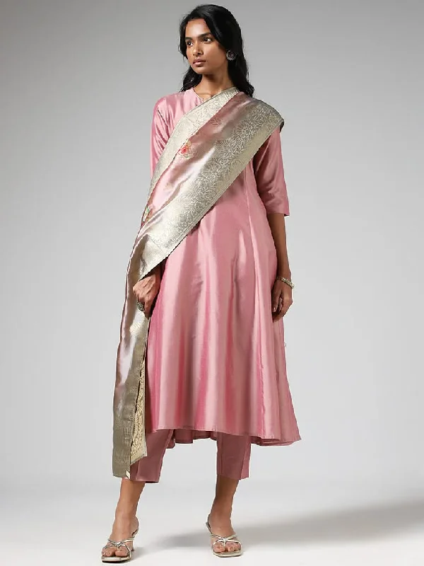 Vark Blush Pink Floral Printed Kurta, Pants & Dupatta Set Comfortable Pleated Pants