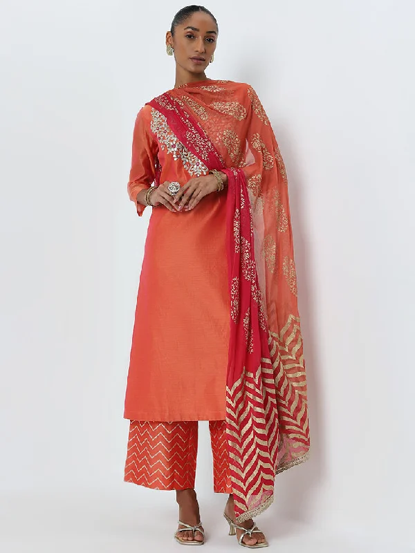 Vark Coral Floral Embellished Kurta, Pants And Dupatta Set Chic Slim Fit Pants