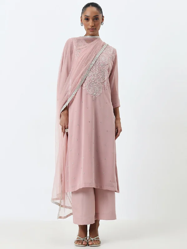 Vark Dusty Pink A-Line Kurta, Pants and Dupatta Set Fashionable Button-Up Pants