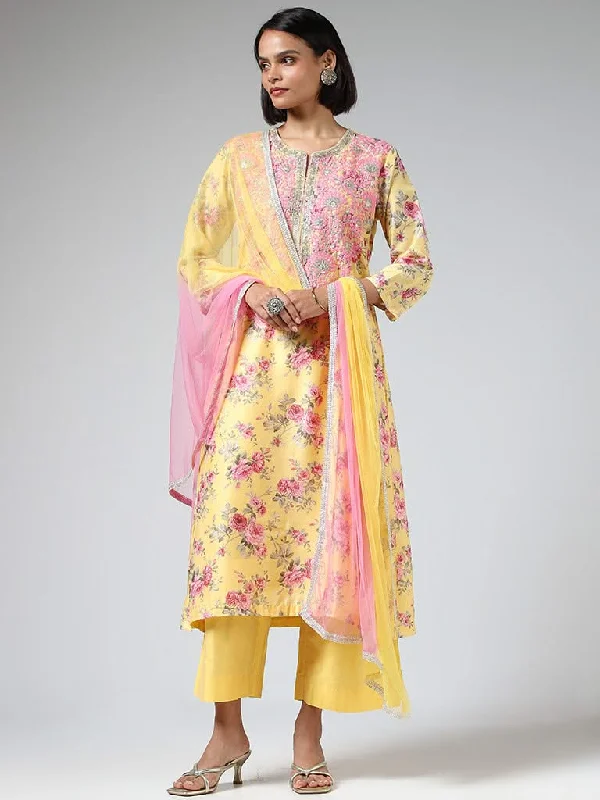 Vark Floral Printed Yellow Kurta with Pants & Dupatta Soft Stretch Trousers