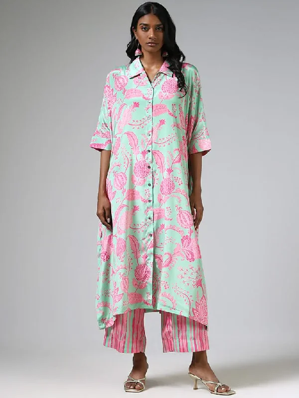 Vark Green Button Down Printed Kurta & Straight Pants Set Relaxed Linen Pants