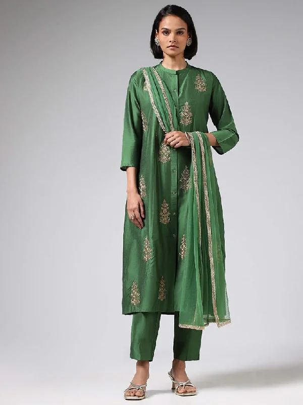 Vark Green Embroidered Kurta, Pants & Dupatta Set Fashionable Button-Up Pants