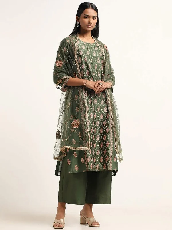 Vark Green Embroidery Cotton Blend Kurta, Pants and Dupatta Set Comfortable Denim Leggings