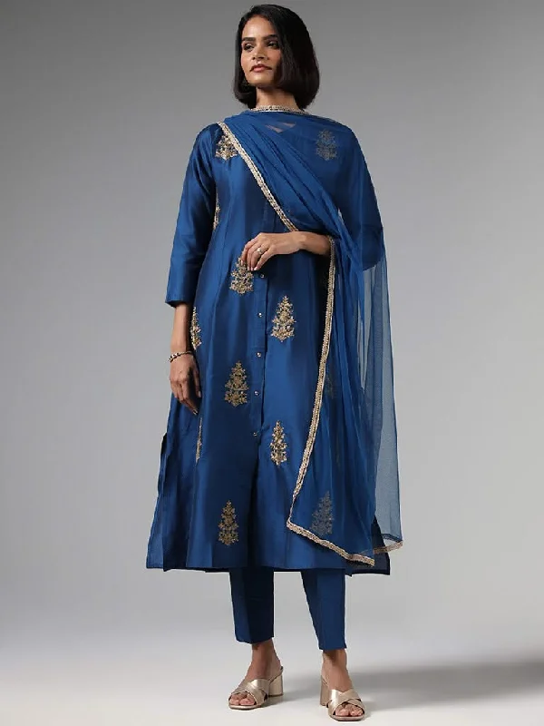 Vark Indigo Zari Embroidered Kurta, Pants & Dupatta Set Soft Sweatpants Style