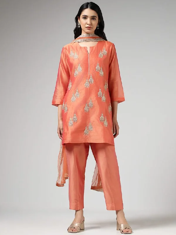 Vark Jumkha Embroidered Coral Kurta with Pants & Dupatta Soft Stretch Trousers