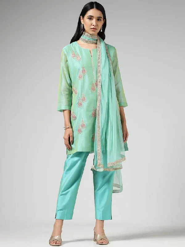 Vark Jumkha Embroidered Light Blue Kurta with Pants & Dupatta Trendy Palazzo Pants