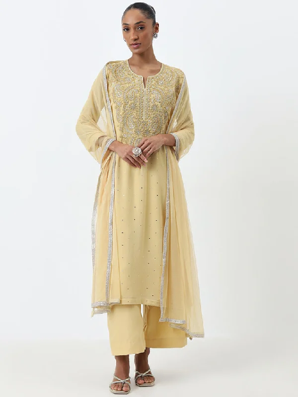 Vark Light Yellow A-Line Kurta, Pants and Dupatta Set Elegant Wool Trousers