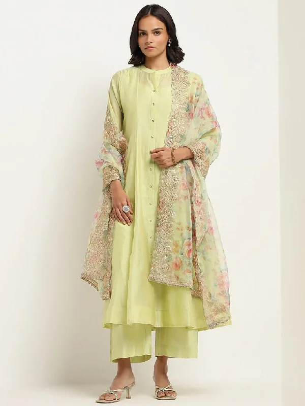 Vark Lime Kurta, Inner, Pants and Embroidered Cotton Blend Dupatta Set Elegant Trouser Pants