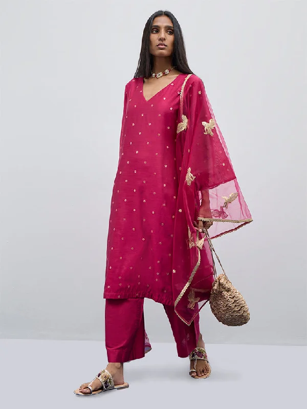 Vark Magenta Embellished A-Line Kurta, Pants and Dupatta Set Classic Chino Pants