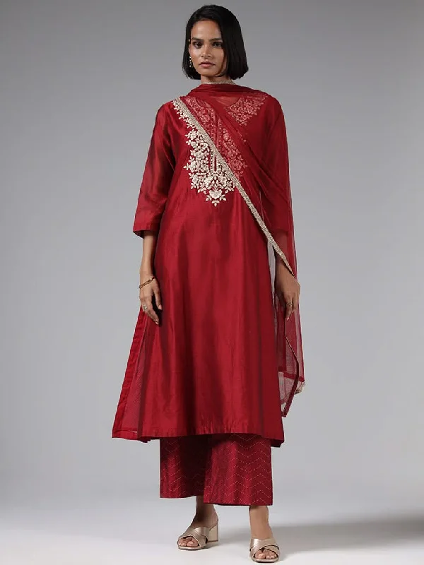 Vark Maroon Floral Embroidered Kurta, Pants & Dupatta Set Stylish Harem Pants