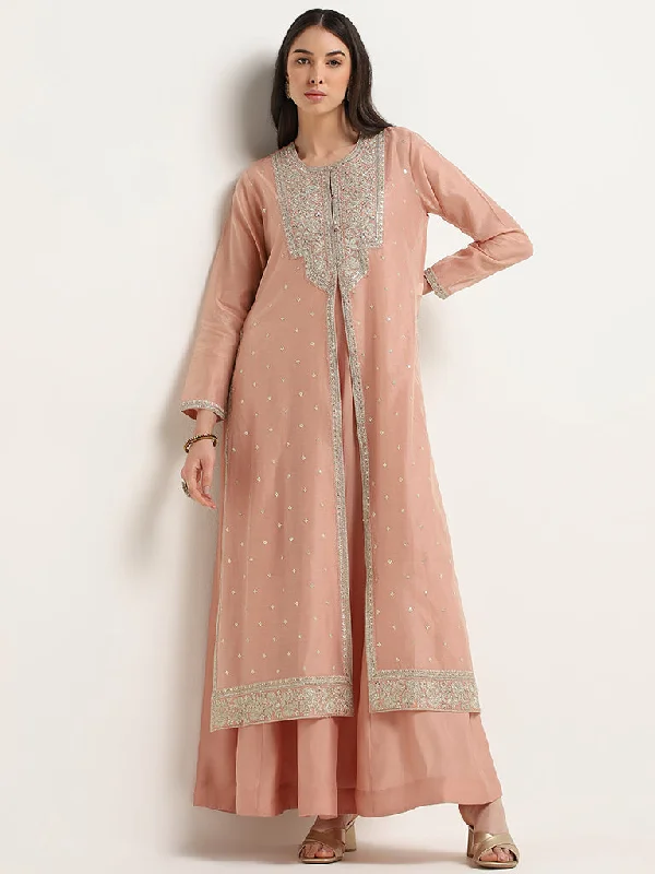 Vark Peach Embroidered Kurta, Inner & Pants Set Formal Dress Pants