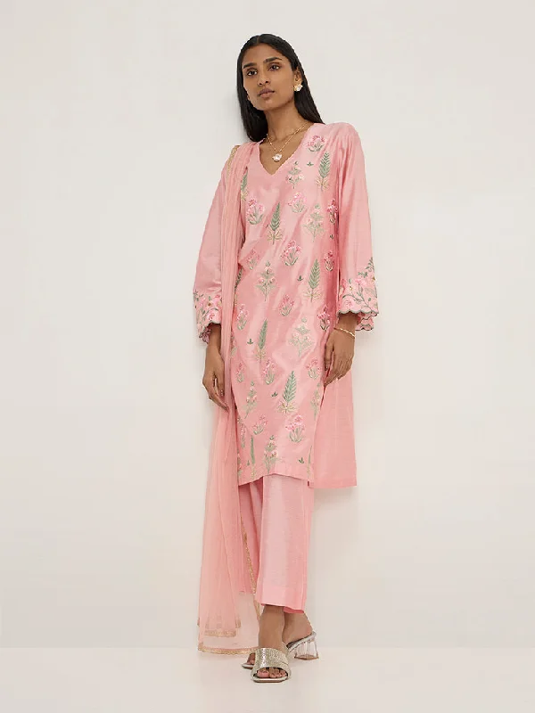 Vark Pink Floral Embroidered Kurta, Pants and Dupatta Set Trendy Wide-Leg Pants