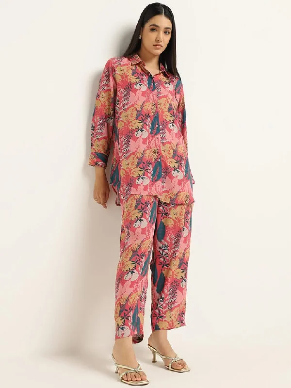 Vark Pink Nature Print Tunic & Pants Set Relaxed Fit Trousers