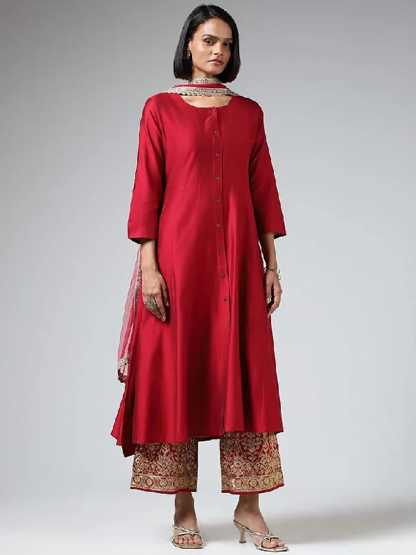 Vark Plain Red Kurta with Embroidered Pants & Dupatta Trendy Palazzo Pants