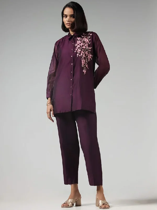 Vark Purple Embroidered Tunic and Pants Set Fashionable Jogger Pants