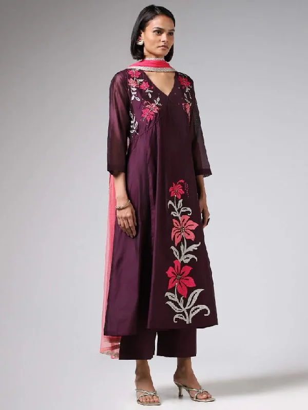 Vark Purple Floral Embroidered Kurta, Pants & Dupatta Set Trendy Velvet Pants