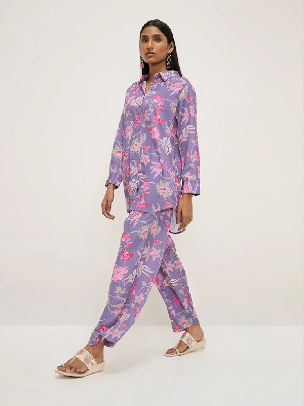 Vark Purple Floral Printed High-Low Tunic and Pants Set Trendy Tapered Pants