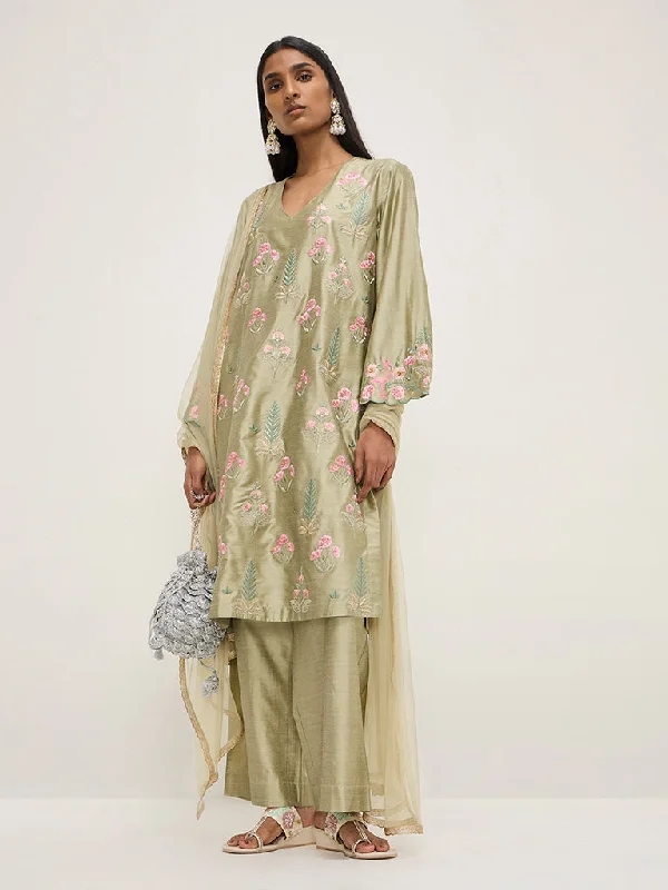 Vark Sage Embroidered Kurta, Ethnic Pants and Dupatta Set Stylish Elastic Waist Pants