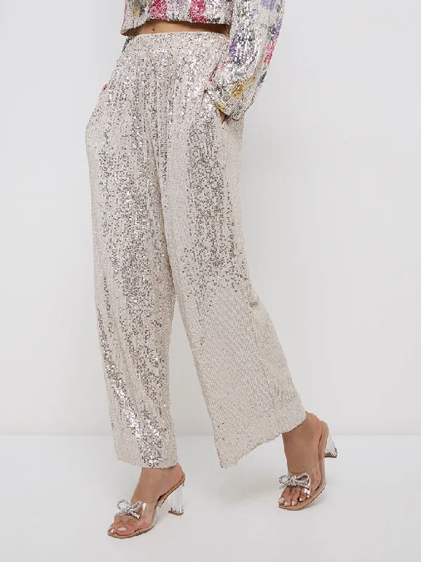 Vark Silver Sequin-Detailed High-Rise Pants Elegant Palazzo Trousers