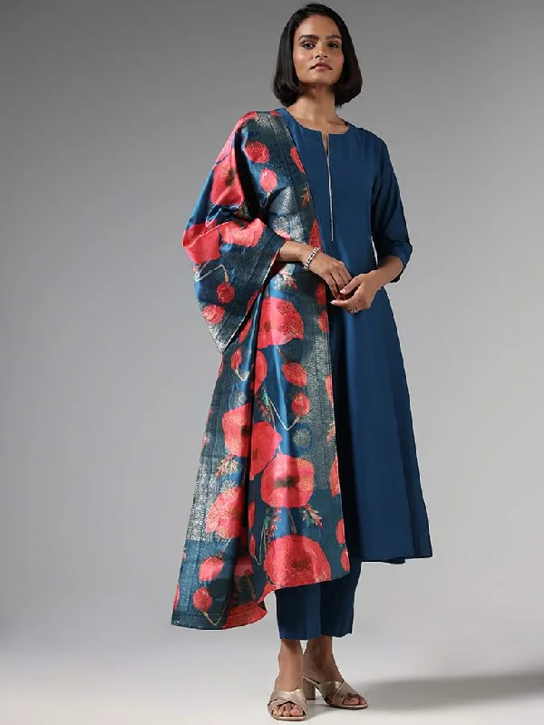 Vark Solid Indigo Kurta, Pants with Floral Dupatta Set Comfy Cargo Trousers