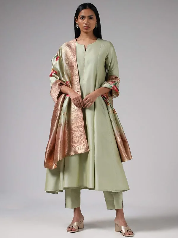 Vark Solid Lime Kurta, Straight Pants and Floral Printed Dupatta Set Classic Flared Pants