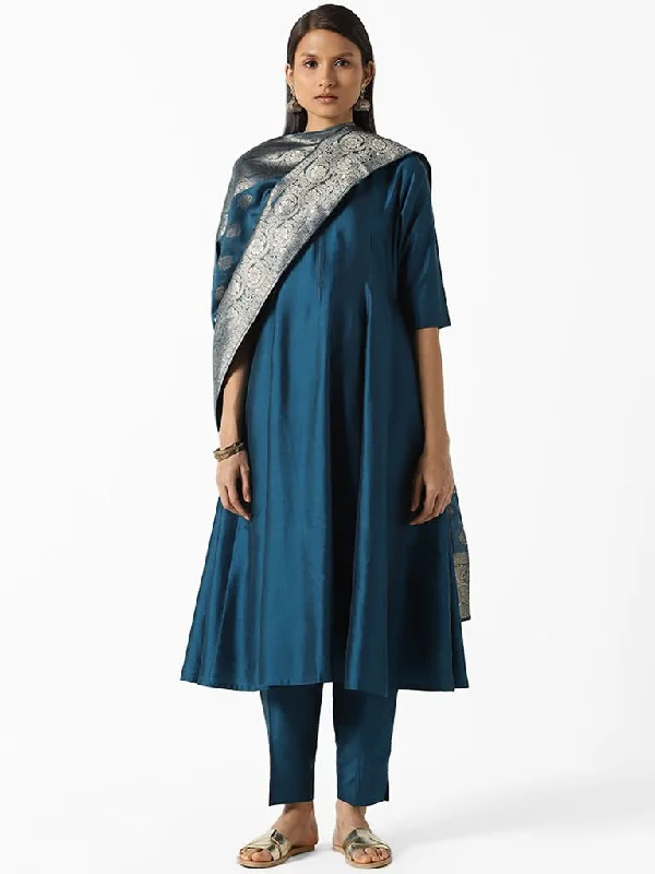 Vark Solid Navy Anarkali Kurta, Pants and Zari Dupatta Set Trendy Wide-Leg Pants