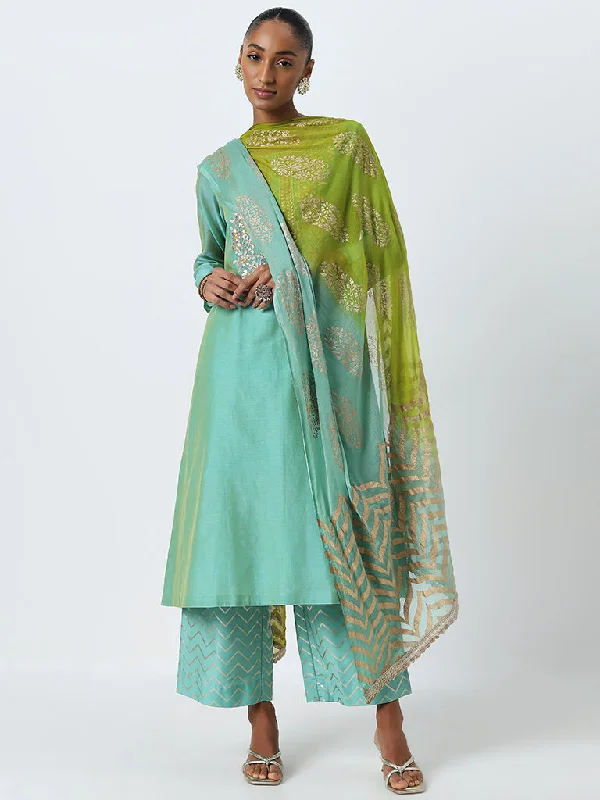 Vark Turquoise Embellished Kurta, Pants And Dupatta Set Comfy Zip-Up Pants